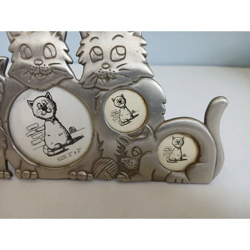 Kitty Cat Kitten Theme Pewter Picture Frame Holds 4 Photos Collage Vintage
